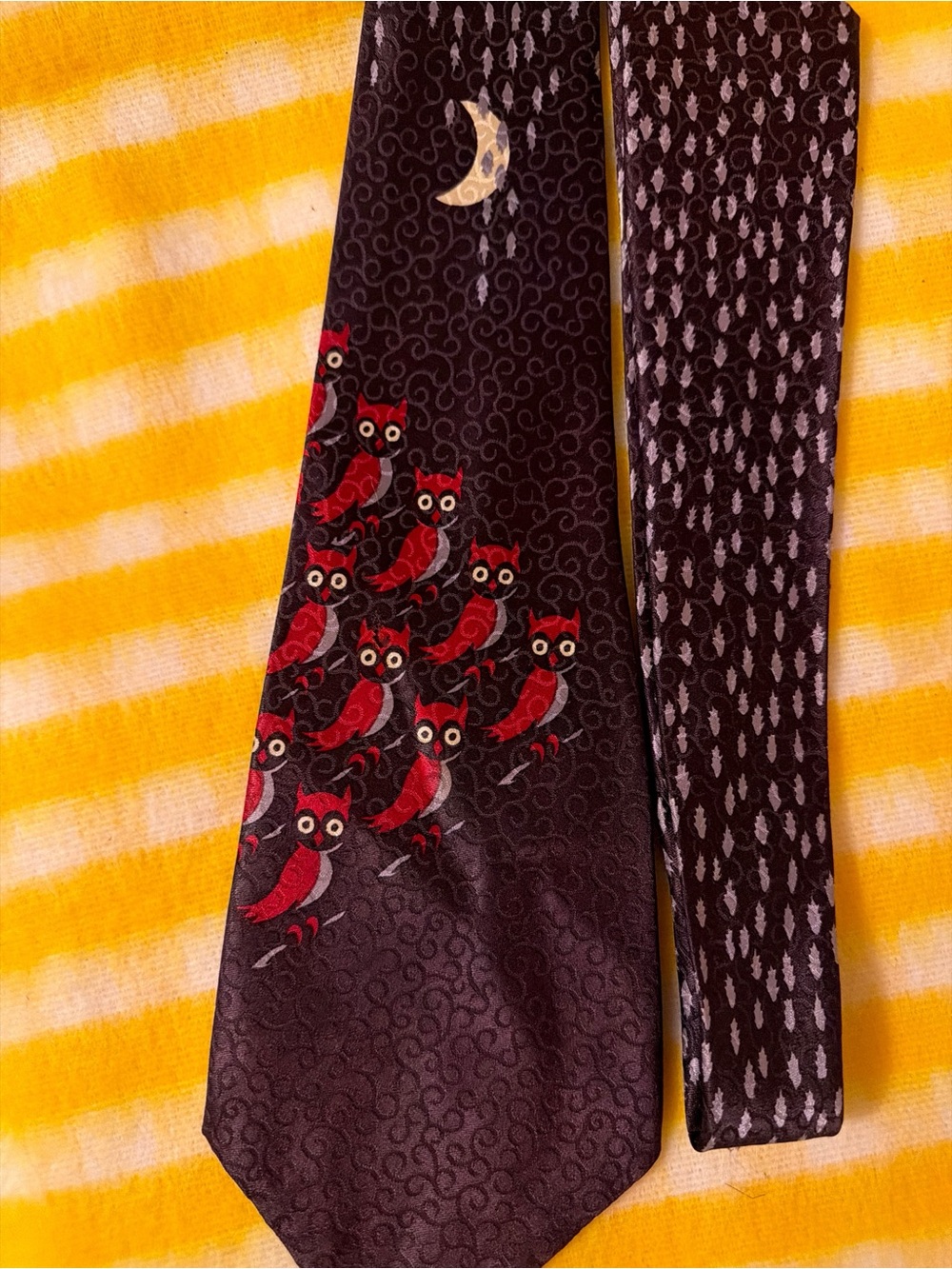Cutter Cravat Artist Original Halloween Tie Red Owls Crescent Moon Creepy Cute